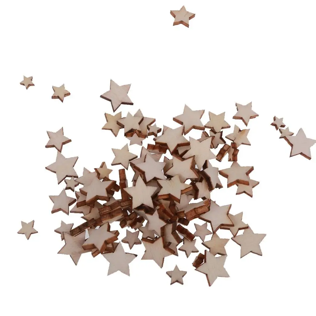 

Pack of 100 Assorted Size Wooden Shape Unfinished Stars Embellishments Crafts