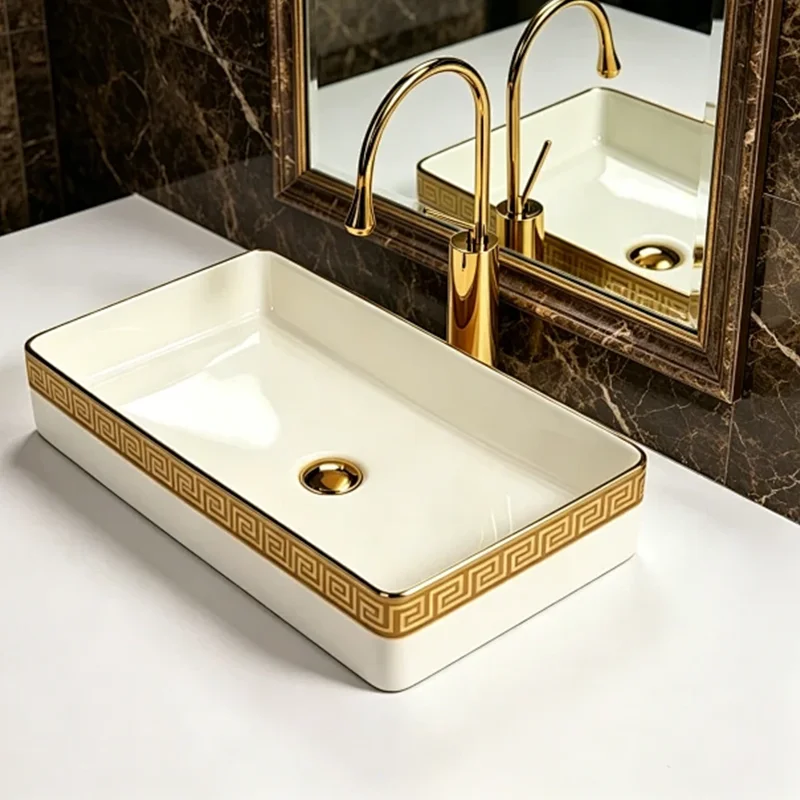 Rectangular Gold-Rimmed Ceramic Washbasin, an Ideal Choice for Modern Bathroom Fixtures, Suitable for Changing Rooms, Vanity Tables, Bathrooms, Toilets, and Rvs
