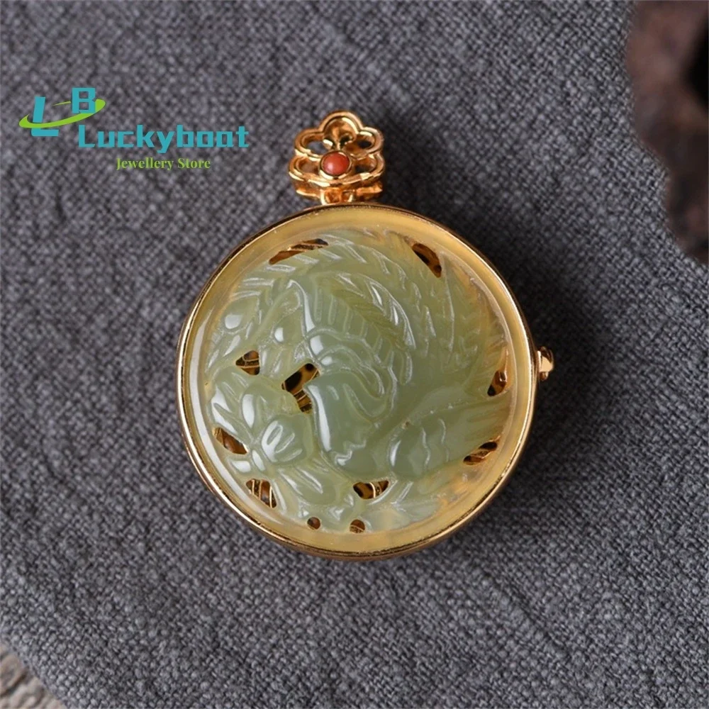 S925 الفضة مطلية بالذهب الجوف الكيس قلادة بالجملة المرأة أزياء فينيكس الفاوانيا Hetian اليشم قلادة #2