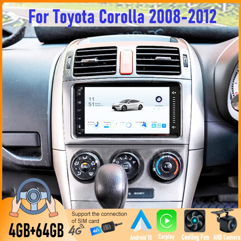 

7" Touch Screen Car Stereo Wireless Apple CarPlay Android Auto 4+64GB For Toyota Corolla 2008-2012 Multimedia Player GPS FM BT
