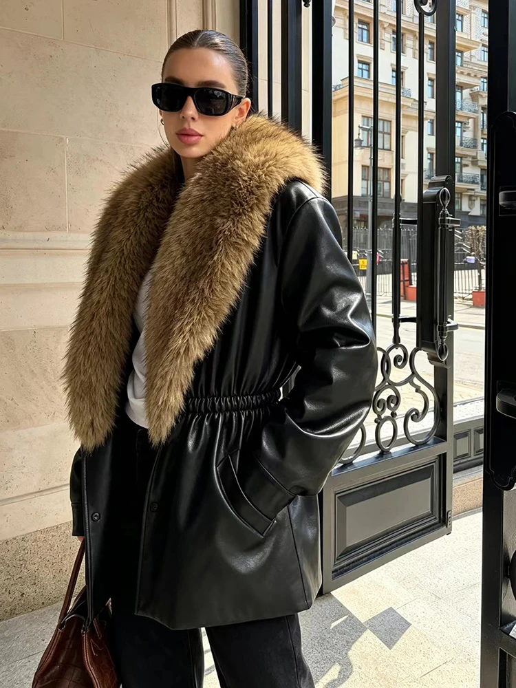 Chic Luxury Big Furry Lapel Black Faux Leather Coat Drawstring Waist Slim Street Style Jacket Lady Winter Fashion Warm Outerwear
