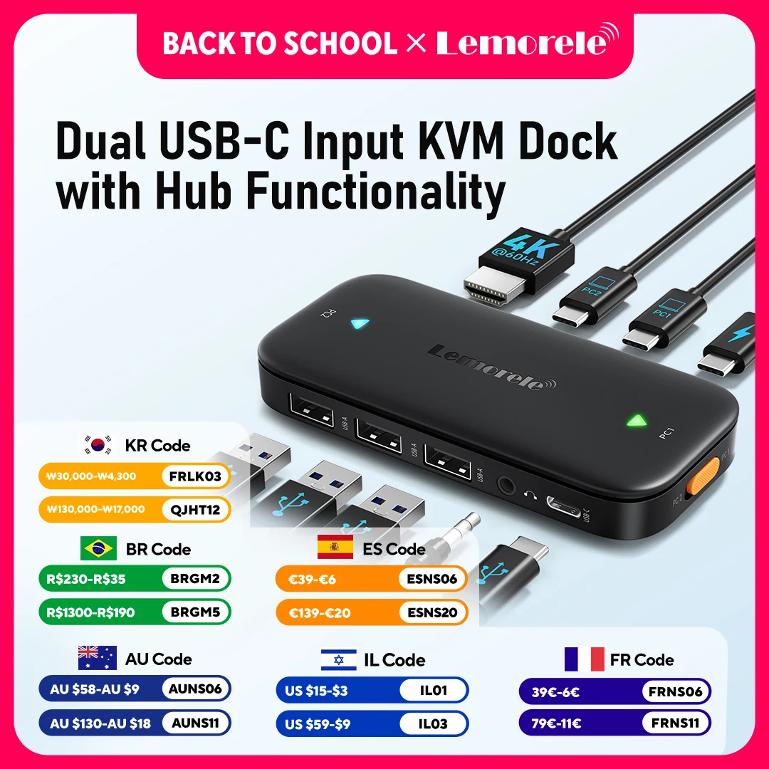 Lemorele H200 USB-C KVM Switch USB HUB 4k @ 60Hz Dual HDMI para HDMI 100W PD Plug And Play 480 Mbps KVM Switcher para PC Laptop