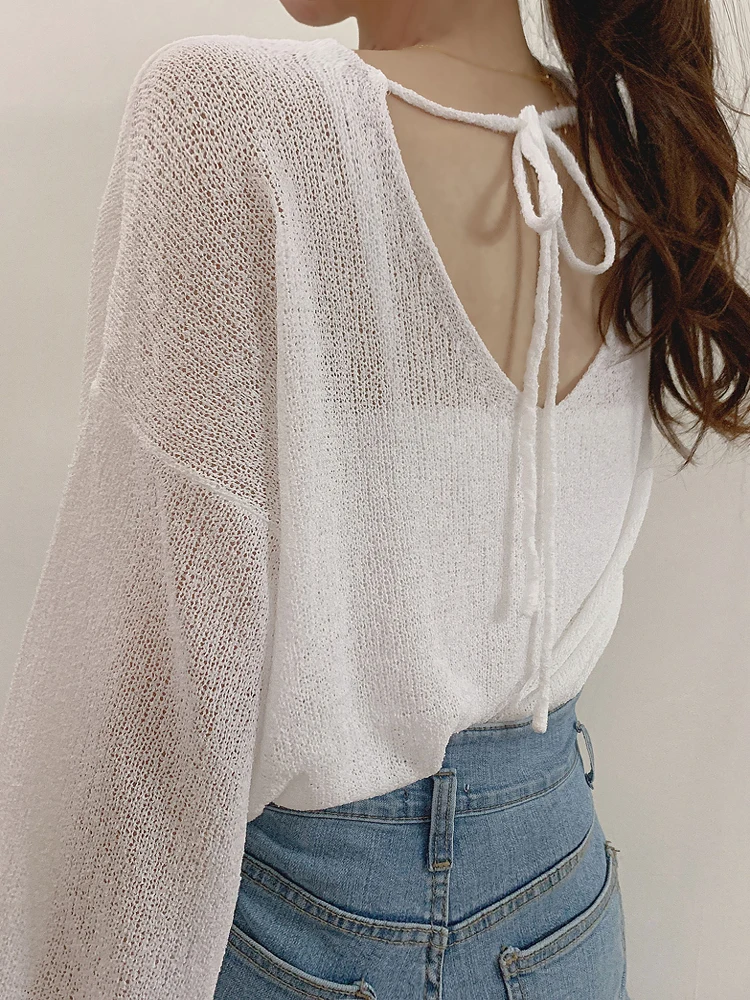 Ice Silk Sun Protection Knitted Top Women Summer Thin Elegant Back V-Neck Hollow out Belt Long Sleeve Loose Fit Color