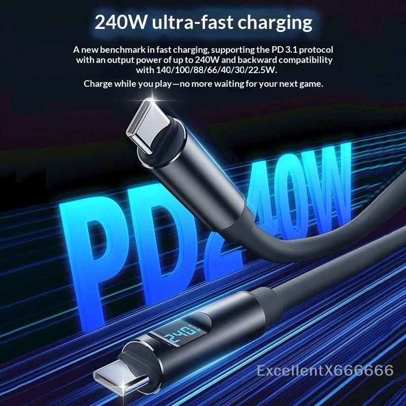 Fast Charging USB C to USB C Cable 240W LED Digital Display 480Mbps Data Cord 1Pcs for Student Dormitory Office Use