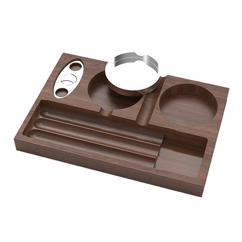 

2026 New Wooden Cigar Ashtray with Stainless Steel Cigar Scissors Whiskey Glass Tray for Indoor and Outdoor Father's Day Gifts