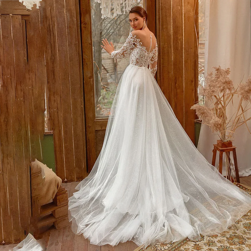 Flavinke Abiti da sposa classici personalizzati da principessa Manica lunga Applicazioni in pizzo Bottoni Sweep Train Brida Abiti da sposa