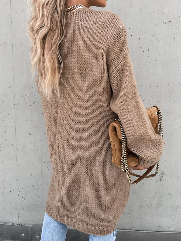 V Neck Long Sleeve Patchwork Sweaters, Women Autumn Winter Solid Simple Loose Fit Coats, Loungewear Elegant Ladies Maxi Cardigan