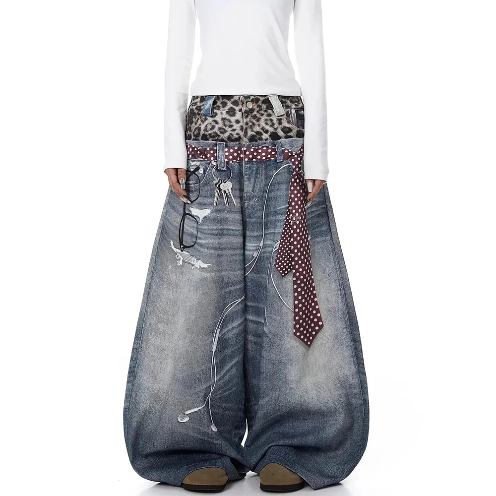 2026 Summer New Unisex Patchwork Denim Pants American Retro Fashion Trendy High Street Loose Casual Niche Neutral Bottoms