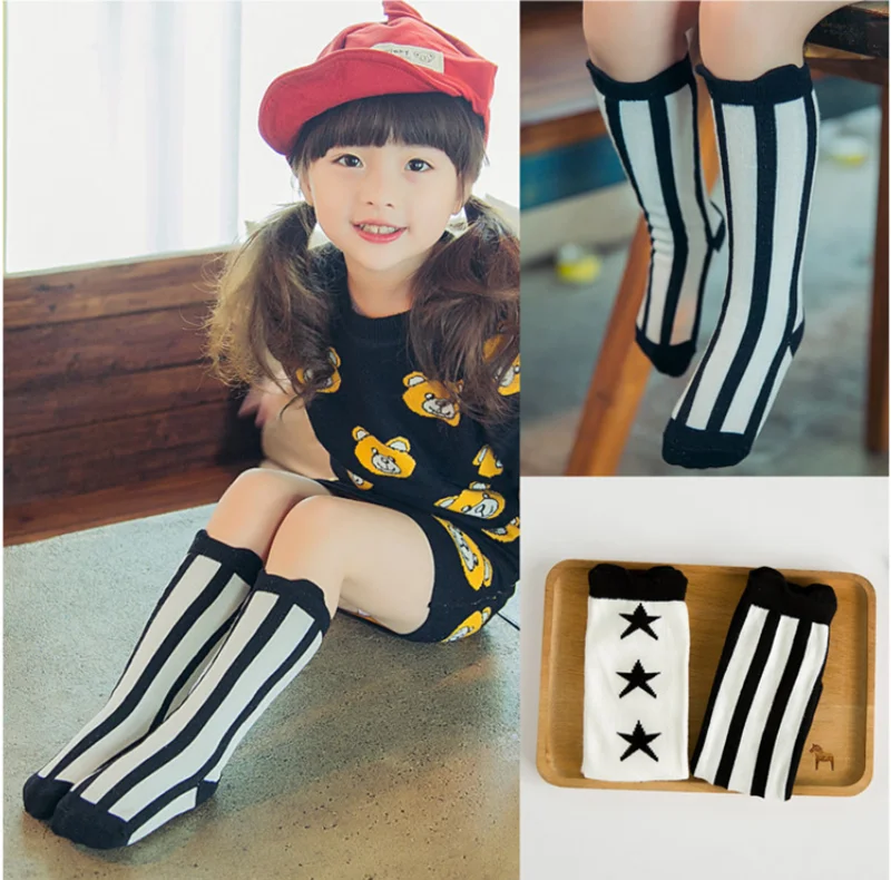 Cotton Knee-High Socks for Kids Striped Star Pattern Children's Tights StockingsBoys & Girls Suitable Baby Knee High Socks