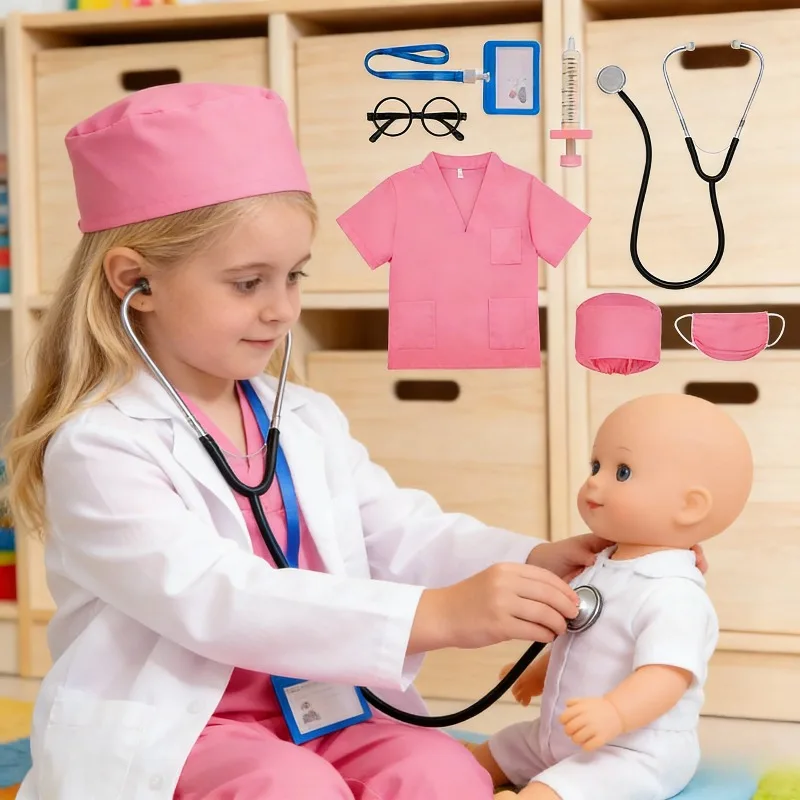 Conjunto de Disfraces de Enfermera con Bata Blanca para Niños, Disfraz de Doctor y Cirujano para Jardín de Infancia, Cosplay de Profesiones