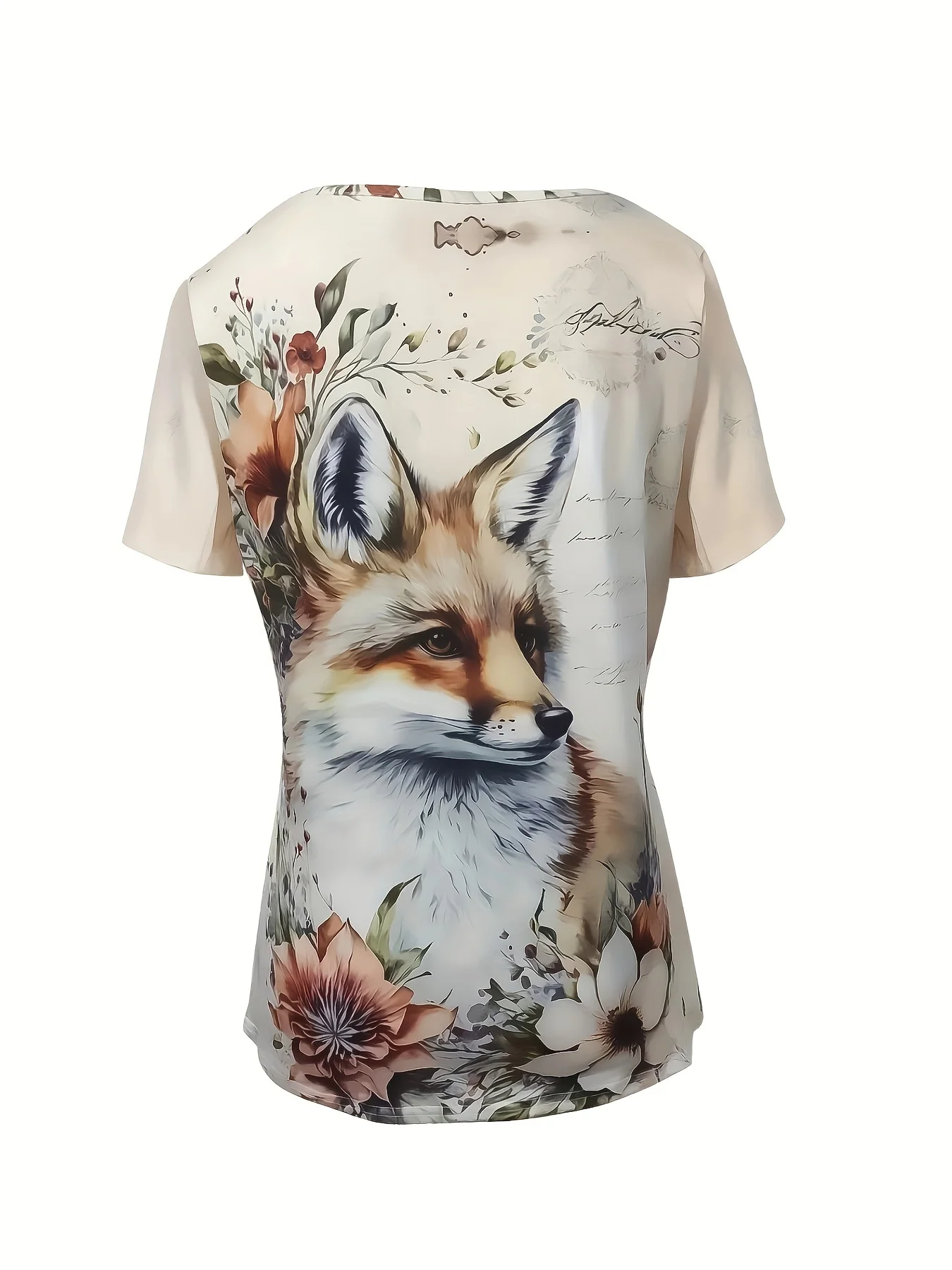 Women V Neck Short Sleeve T-Shirt Vintage Fox Floral Print Letter Background Casual Summer Tops