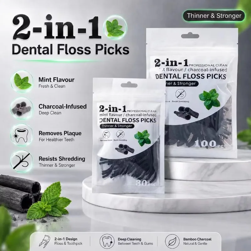 30Pcs/100Pcs/300Pcs/500Pcs Mint bamboo charcoal Dental Floss Picks,Portable Disposable Oral Care Floss Pick,Teeth Cleaning Tool