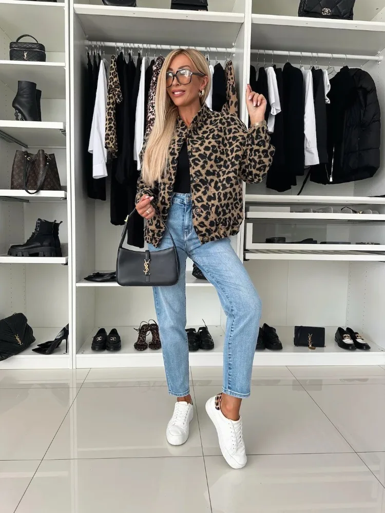 ليوبارد قصيرة فو الفراء سترة واحدة الصدر الرجعية أفخم معطف فضفاض أنيق المرأة رقيق السترات الشتاء الدافئة فروي ملابس خارجية