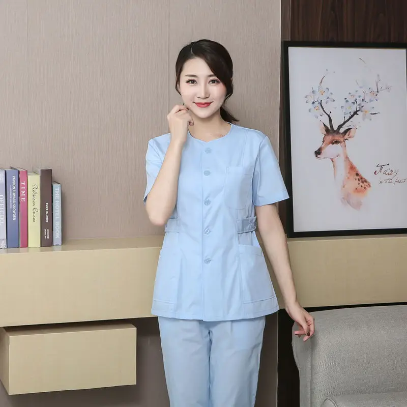 Collarless nurse uniform short sleeved women oral dental work uniform medical Nursing scrub sets Hospital Beauty Salon workwear