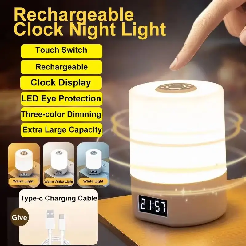 Tap Sensor Night Light with Digital Clock Type-C Rechargeable Bedside Lamp Stepless Dimming Touch Nursery Light Portable Use