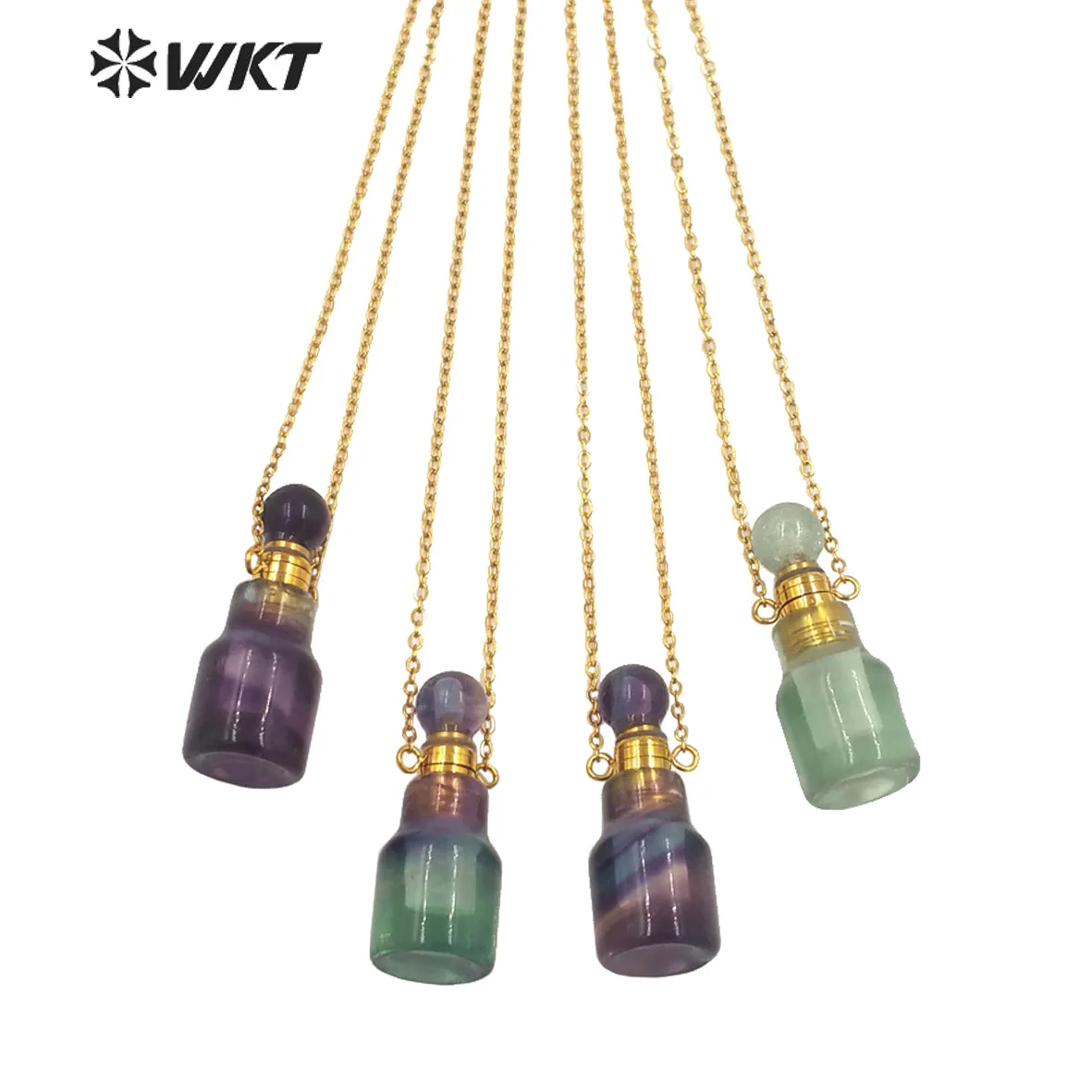 WT-N1455  WKT 2023 Fashion Style Rainbow Fluorite Perfume Bottle Pendant Necklace 18k Gold Plated  Women Accessory