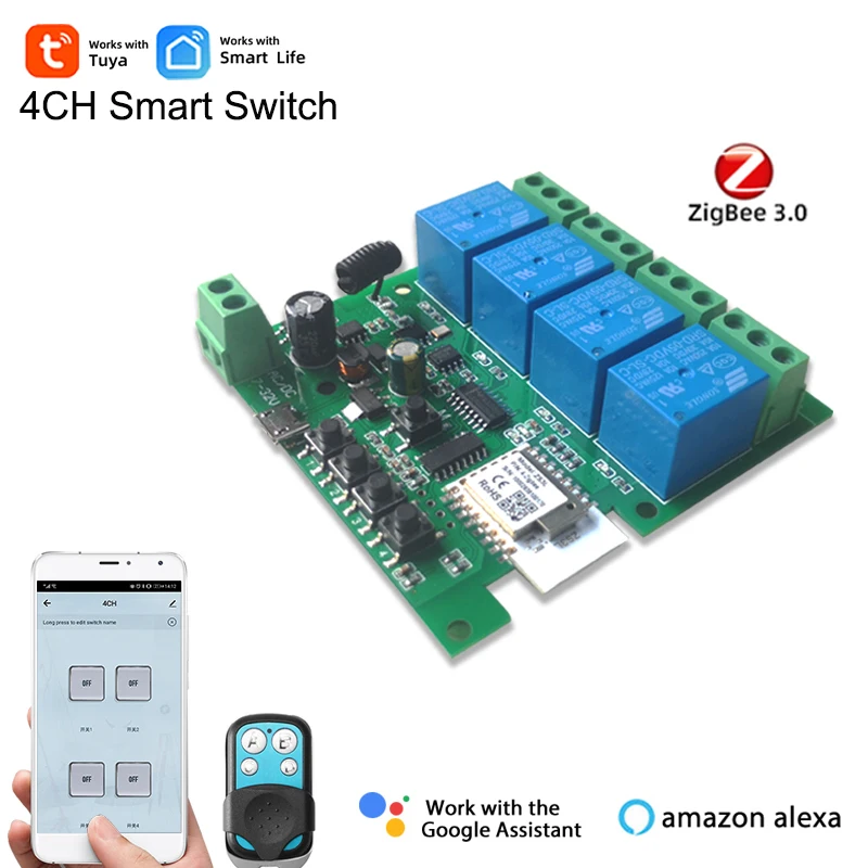 

4CH Zigbee Tuya Smart Switch Module Motor Controller,DC 12V 24V 32V 110V 220V,4 Channel Relay,Alexa 2MQTT Gateway RF433 Remote