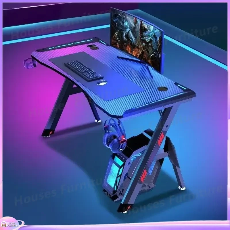 Gaming Computer Desk RGB Carbon Fiber Finish No Assembly Required Adjustable Height Ergonomic Office Desk for Home Bedroom