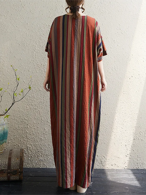 กระโปรงยาวทรงหลวมพิมพ์ลายผ้าฝ้ายลินินสำหรับผู้หญิงไซส์ใหญ่ ทรงวี คอวี แขนสั้น สไตล์เรโทร เหมาะสำหรับใส่ไปทำงานในฤดูร้อน