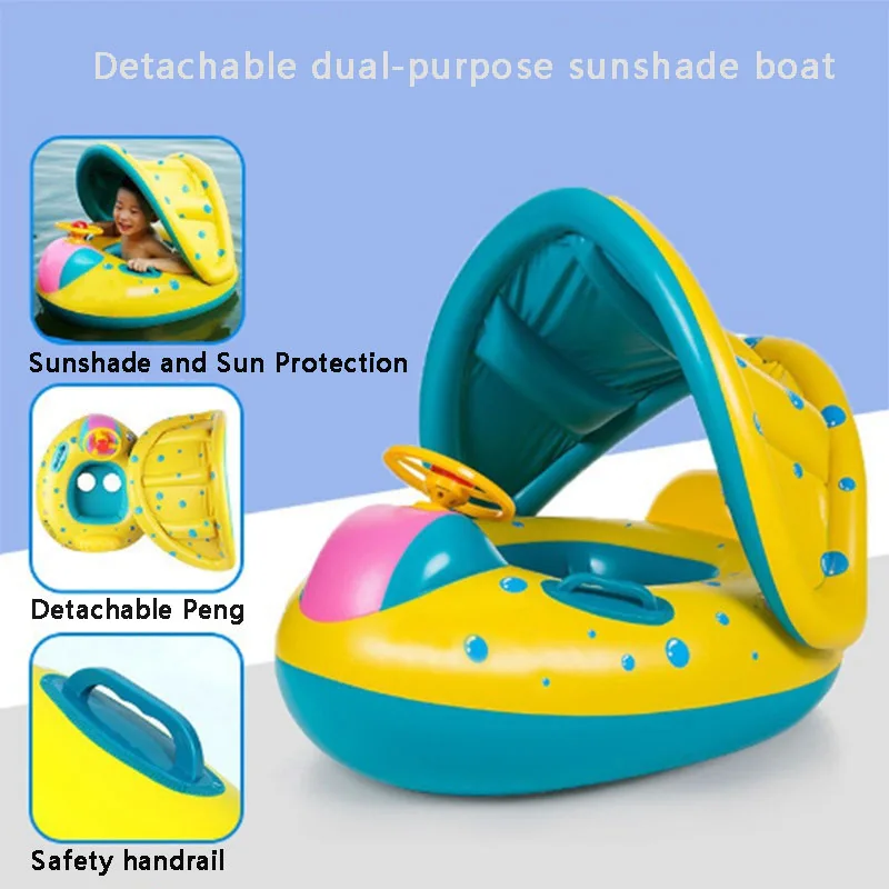 Parasol circular de natación para niños, anillo de asiento a rayas, anillo de asiento inflable para jugar en el agua con mango, flotador de natación para bebé