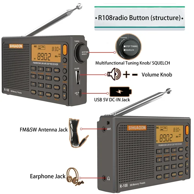 SIHUADON-R108 All-wave Radio, Botão multifuncional, Display LCD, Rádio portátil, Bateria de lítio, Camping, Home Gift