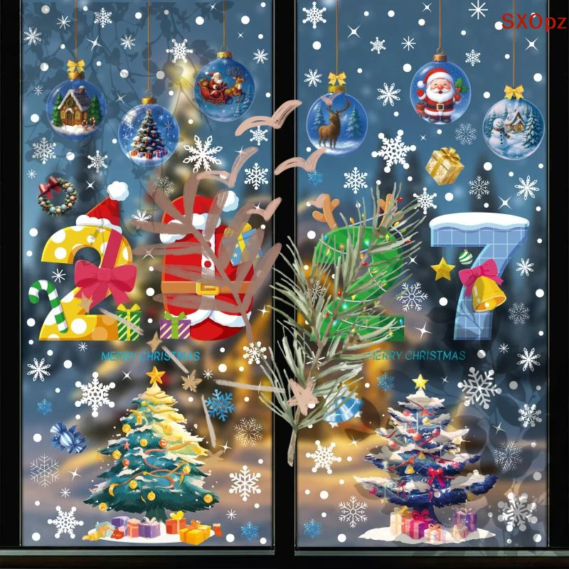 4/5 Sheets Snowman Reindeer Santa: Claus Christmas Tree Static Cling Decals 2027 Merry Window Stickers
