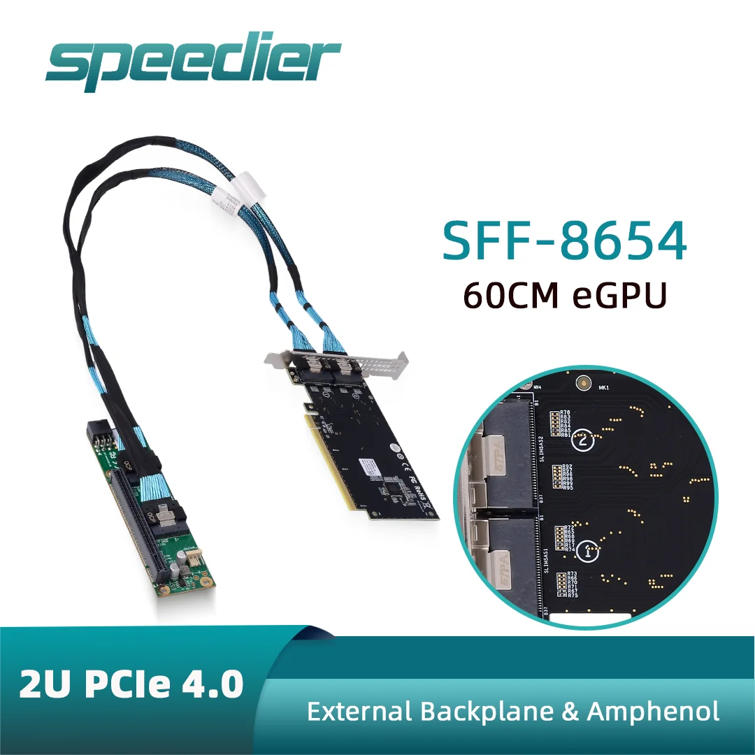 

2U External PCIE 4.0 Adapter Card + SFF-8654 Riser Cable + 4.0 Backplane Kit for eGPU Gaming Graphics Cards GPU Expansion 0.6m