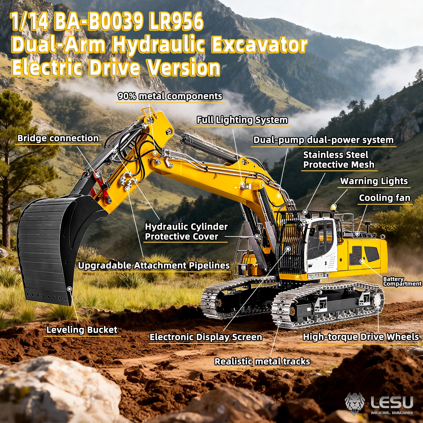 LESU LR956 2암 6채널 95% 금속 1/14 원격 제어 유압 굴삭기 RC 디거 건설 차량 4MPA 듀얼 펌프 라이트