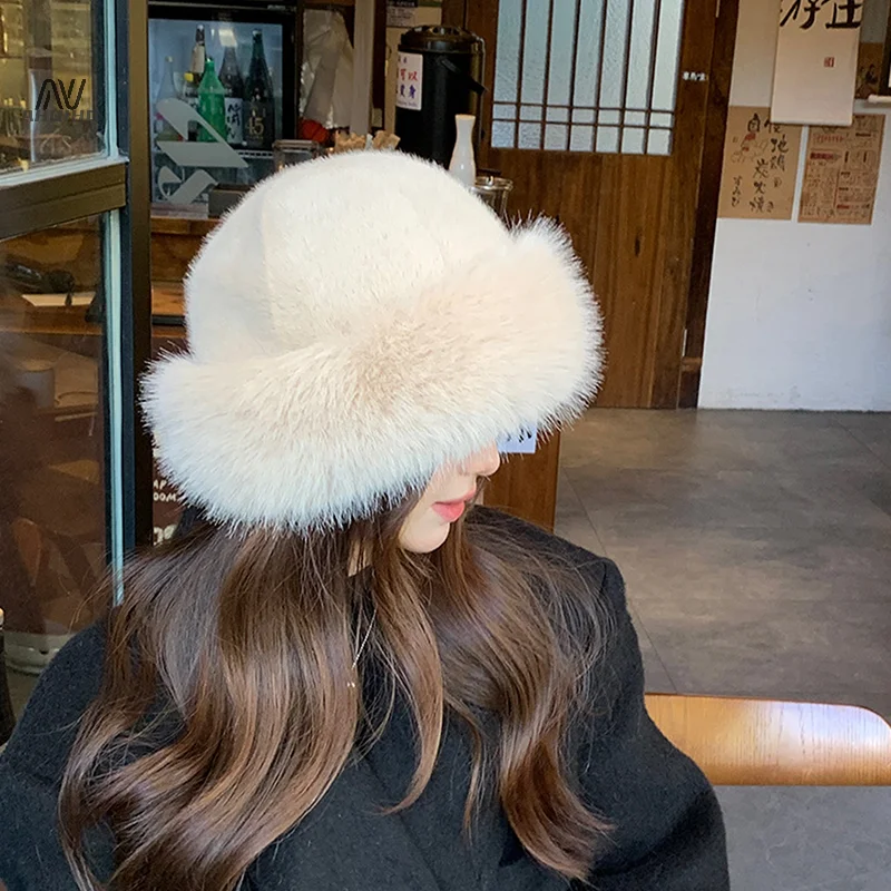 Fluffy Faux Fur Bucket Hat For Women Luxury Plush Fisherman Hat Warm Winter Hat Thicken Cold Snowy Day Panama Cap