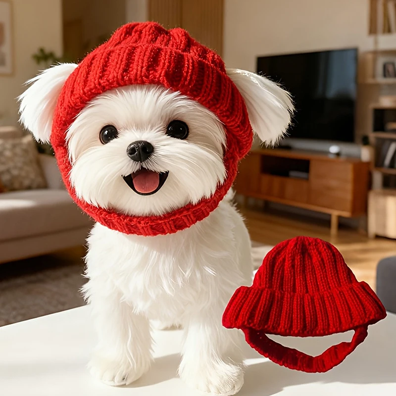 (BF06)Maltese Dog Beanie Hat Cozy Soft Knit With Ear Flaps Keep Warm For Small Dogs Winter Indoor/Outdoor Use