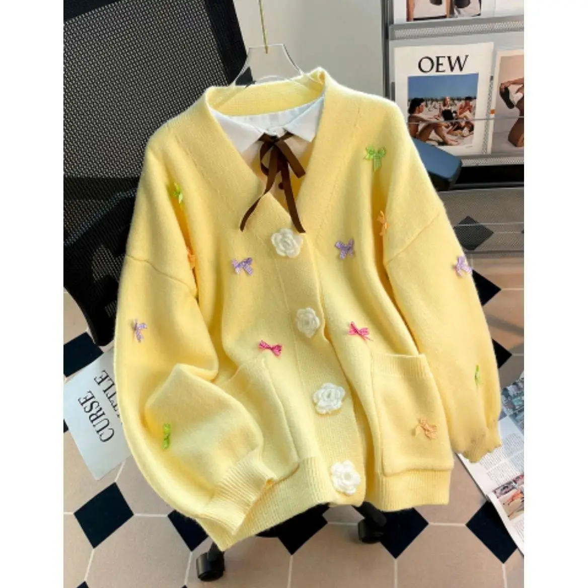 Korean Lively Cute Bow Knitting Cardigan Femme Autumn Winter New Loose Sweet Bright Line Decoration V-neck Trend Sweater Coat