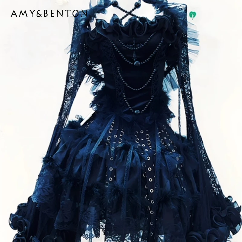 

Original Design Dark Gothic Beaded Chain Women's Puff Skirt 2025 Punk Black Lace Hollow Out Lolita Irregular Skirt Suit Ladies