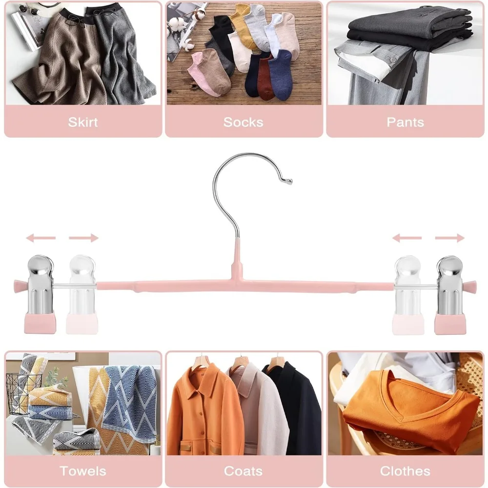 10pcs Thin Trouser Hangers, Non-Slip Pant Hangers with Adjustable Clips, Space Saving Hangers for Clothes, Skirt