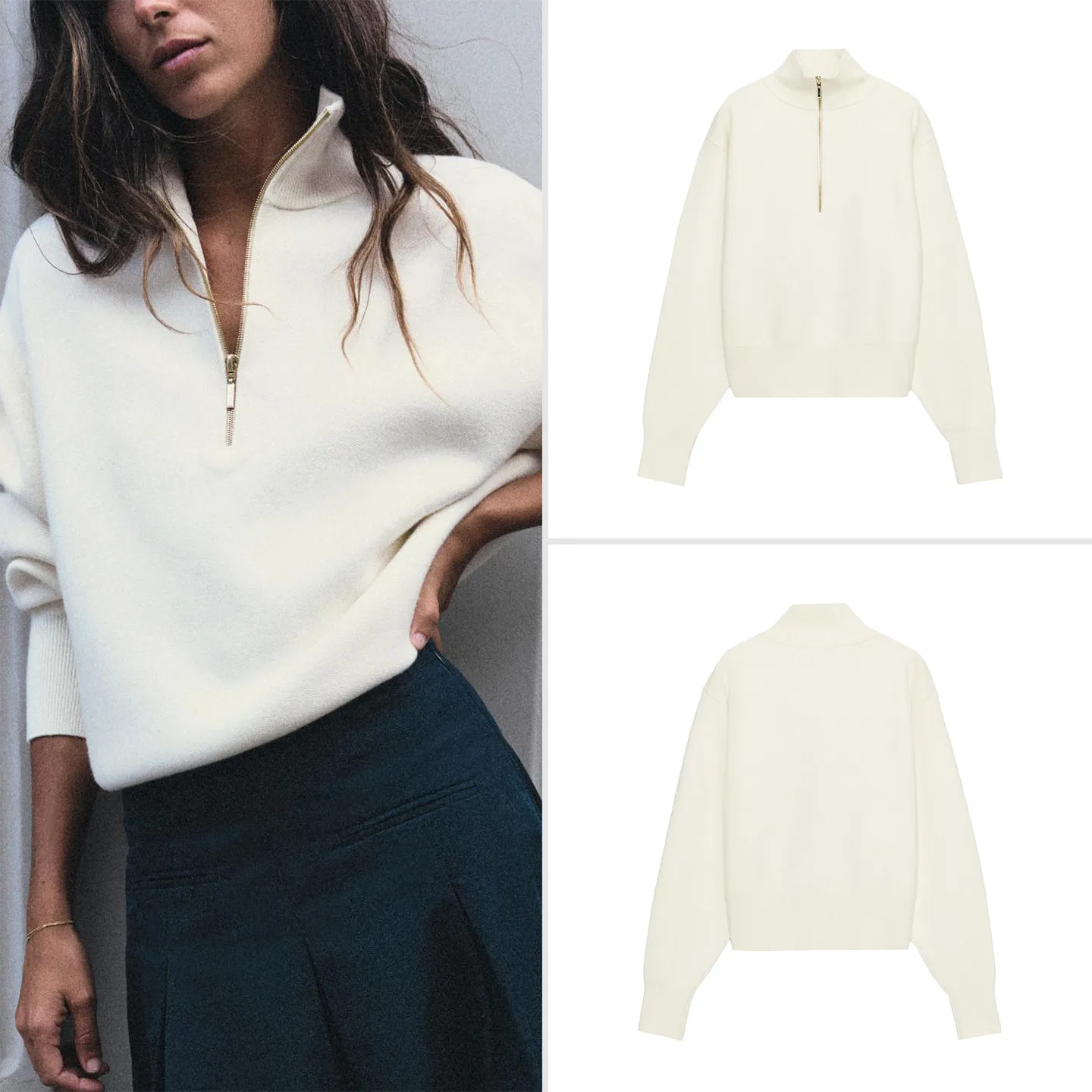 ZADATA Women's Zipper Knitwear Long Sleeve Stand Collar Color Casual Pure Color Autumn New Arrival 2026