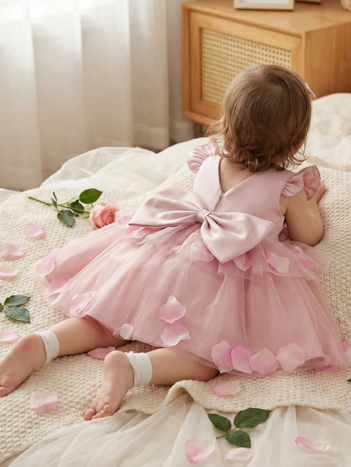 Baby Girl Princess Dress, Pink Flower Girl Dress, Bubble Sleeves, Pink Netted Puff Skirt, Birthday Party Dress, Bow Decoration