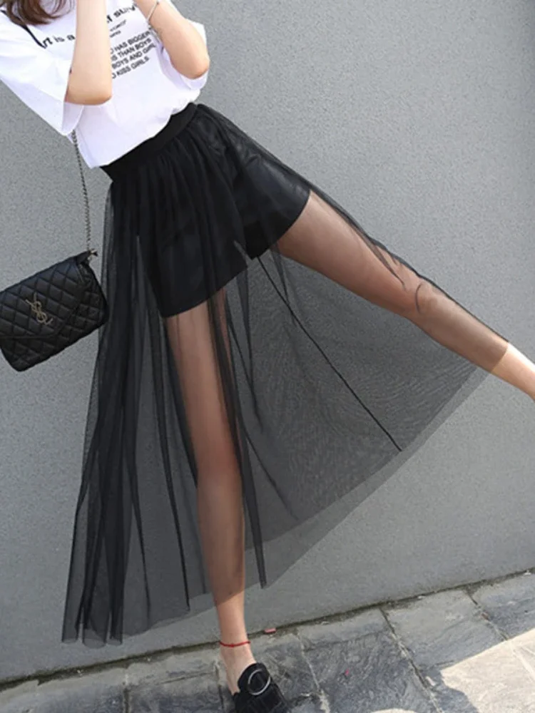 Nieuwe Fashion See-Through Mesh Rokken Sexy Solid Hoge Taille Rokken Mode Zwarte Vrouwelijke Rokken