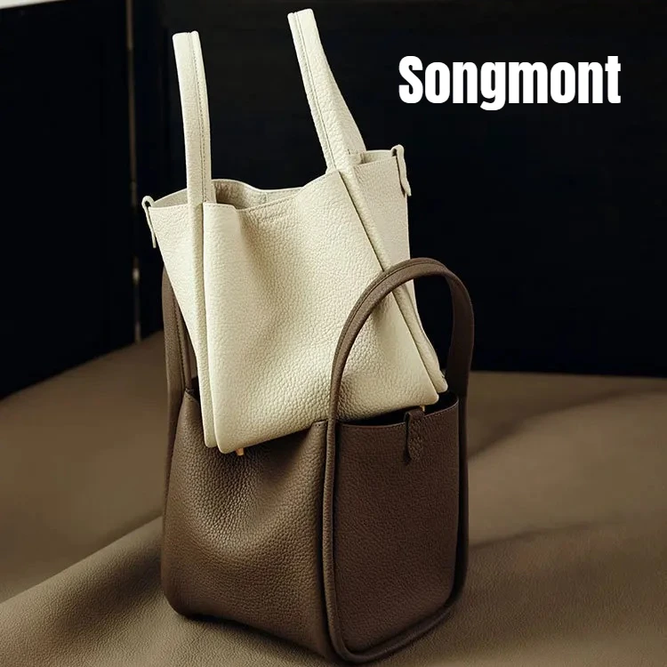 

Songmont Lock Closure Bucket Bag - Top Grain Leather Large Tote, Lightweight Commuter Bag for Work