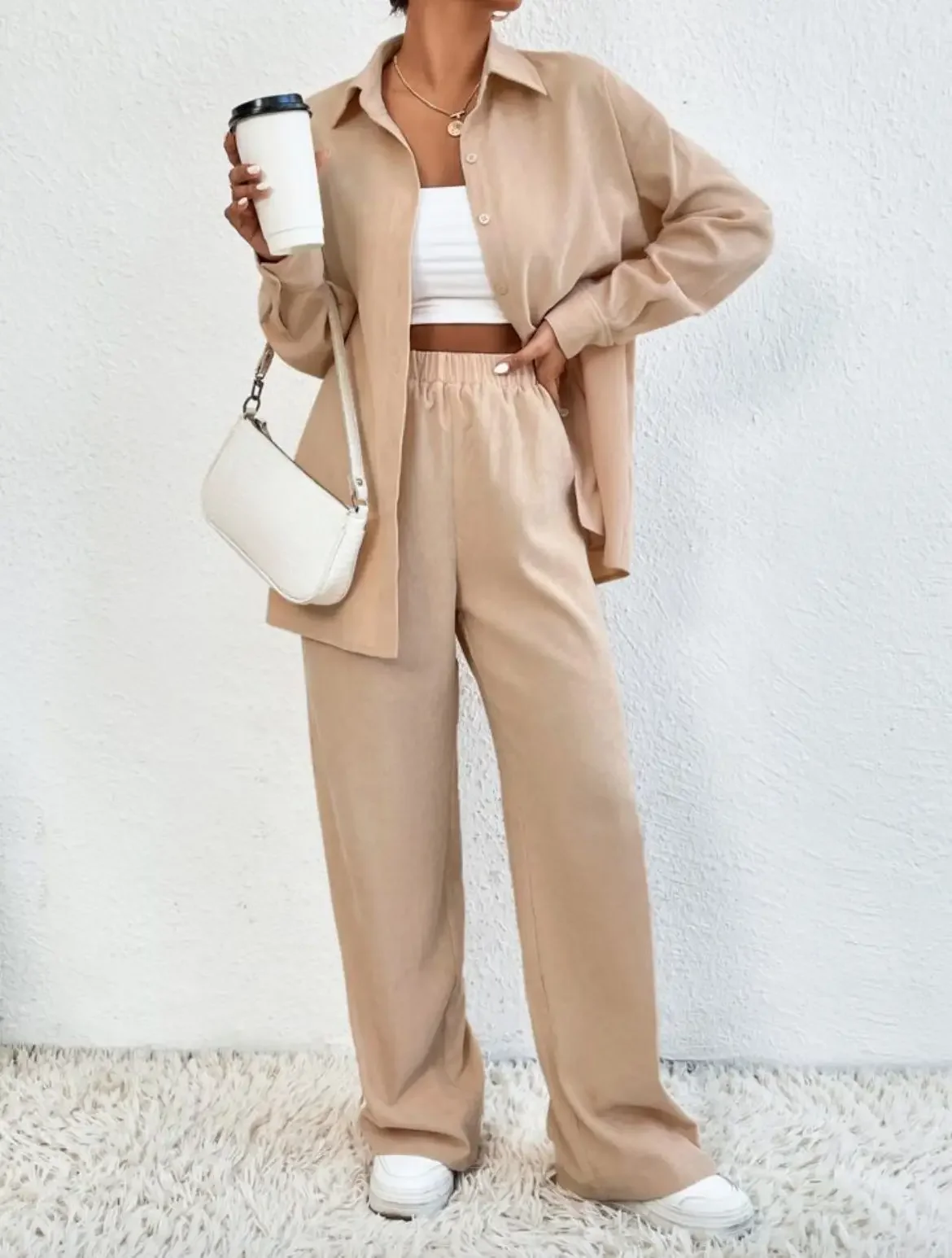 Women Pant Sets Two Piece Turn Down Collar Solid Long Sleeve Single Breasted Loose Casual Elastic Waist Wide Leg Pants