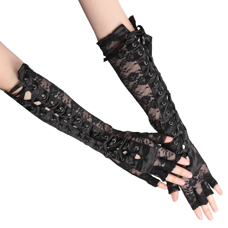 Women Sexy Floral Lace Gothic Fingerless Gloves Long Lack String Ribbon Ties Up Dance Party Black Breathable Y2k Cosplay Gloves