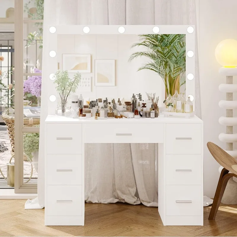 Vanity Table, Makeup Table with Lighted Mirror, 3 Color Lighting Modes, Brightness Adjustable, Dressing Table with Drawers,