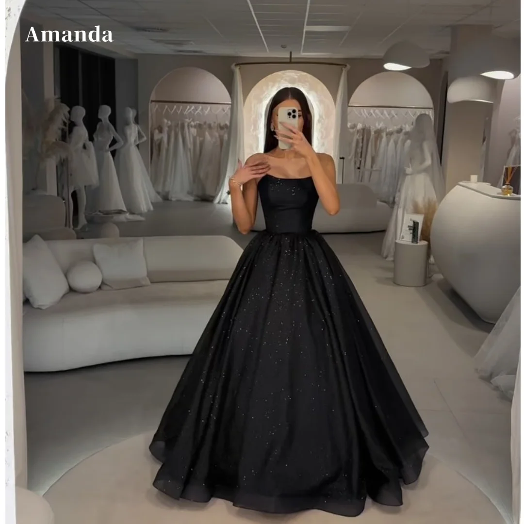 Amanda Custom Black Strapless Sparkly Long Prom Dress Floor Length Formal Evening Dress Elegant Graduation Homecoming Gown