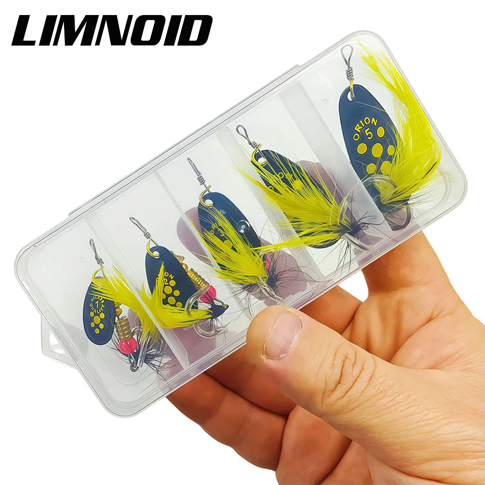 Limnoid 5 Stück Spinnerbait, handgefertigte Spinner-Klingen mit Federn, dreifacher Haken, langlebiger Angelköder für Süßwasser- und Salzwasserfischen.
