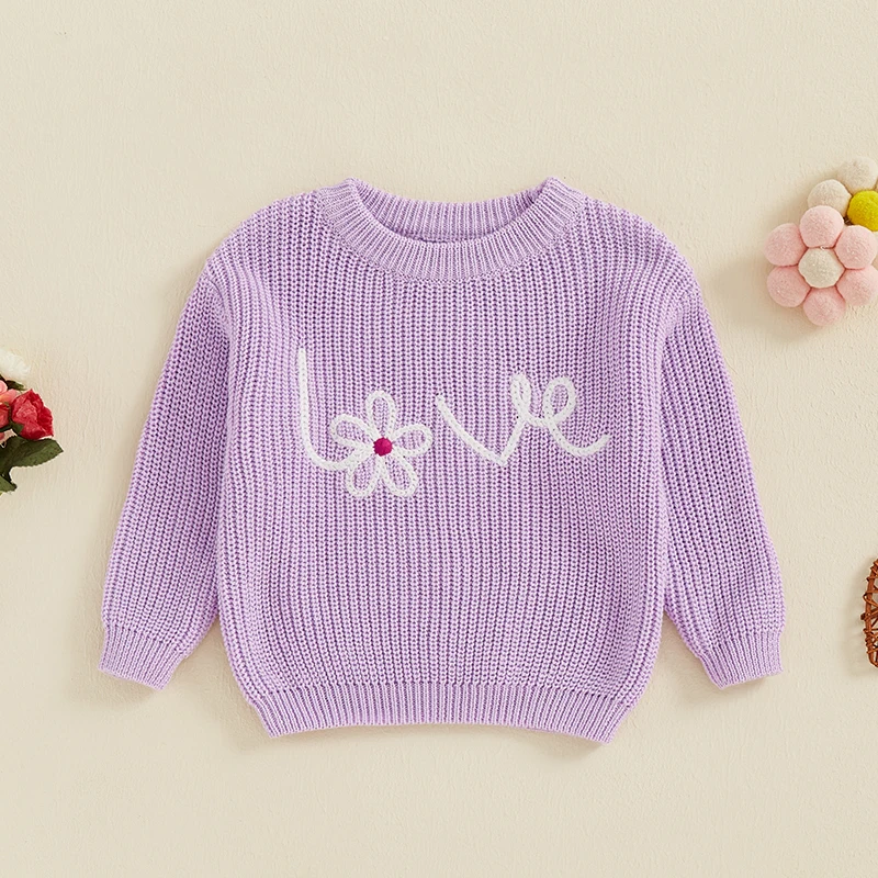 Dziecięcy sweter jesienno-zimowy dla dziewczynek Casual Letter Floral Embroidery Ciepła dzianina z długimi rękawami Dzianina niemowlęca dla malucha