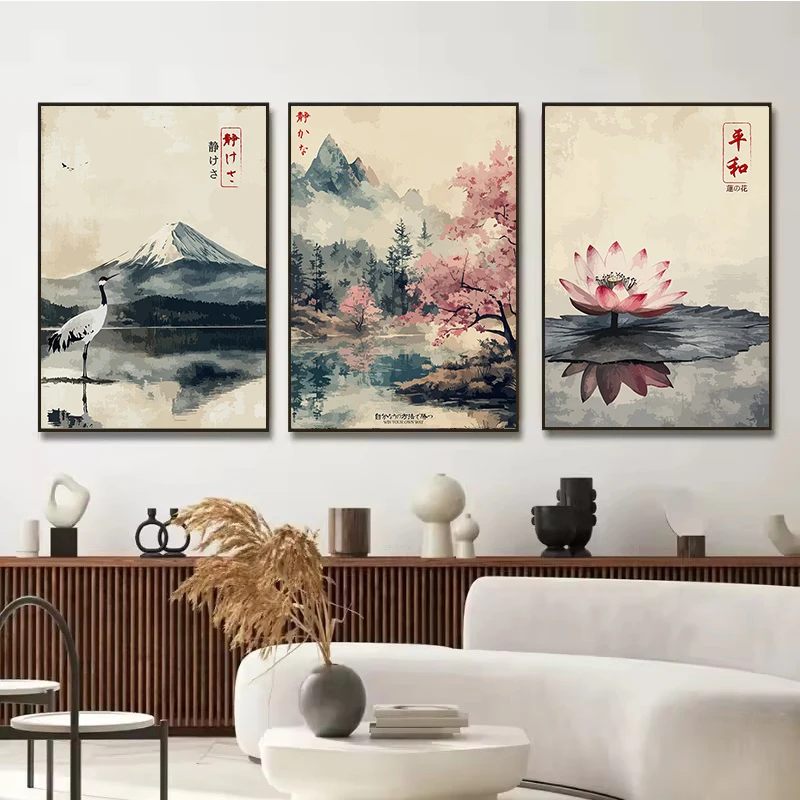 Japanese Vintage Landscape Posters Crane Lake Fishing Prints Canvas Painting Wall Art Picture for Living  Room Home Decor