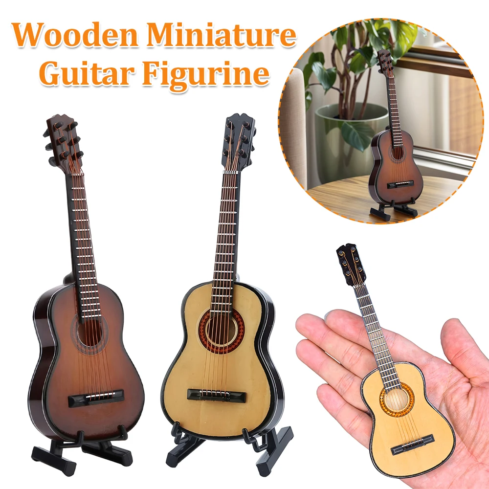 Wooden Miniature Guitar with Stand Miniature Musical Instrument Wooden Decorative Ornament for Home Decor Display Ornament