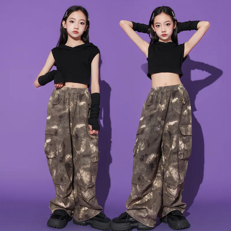 

Children Jazz Dane Performance Costumes for Kids Black Hooded Tops Camouflage Pants Outfits Teenagers Girl Hip Hop Practice Wear