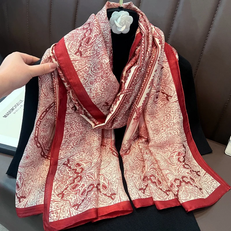 Spring and Autumn New Entry Light Luxury Vintage Court Style Lengthened Printed Imitation Silk Sunscreen Coat Scarf