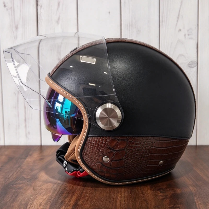 White Retro 3/4 Open Face Half Motorcycle Helmet Adult Vintage Jet Helmet for Men Women DOT Approved Double Visor