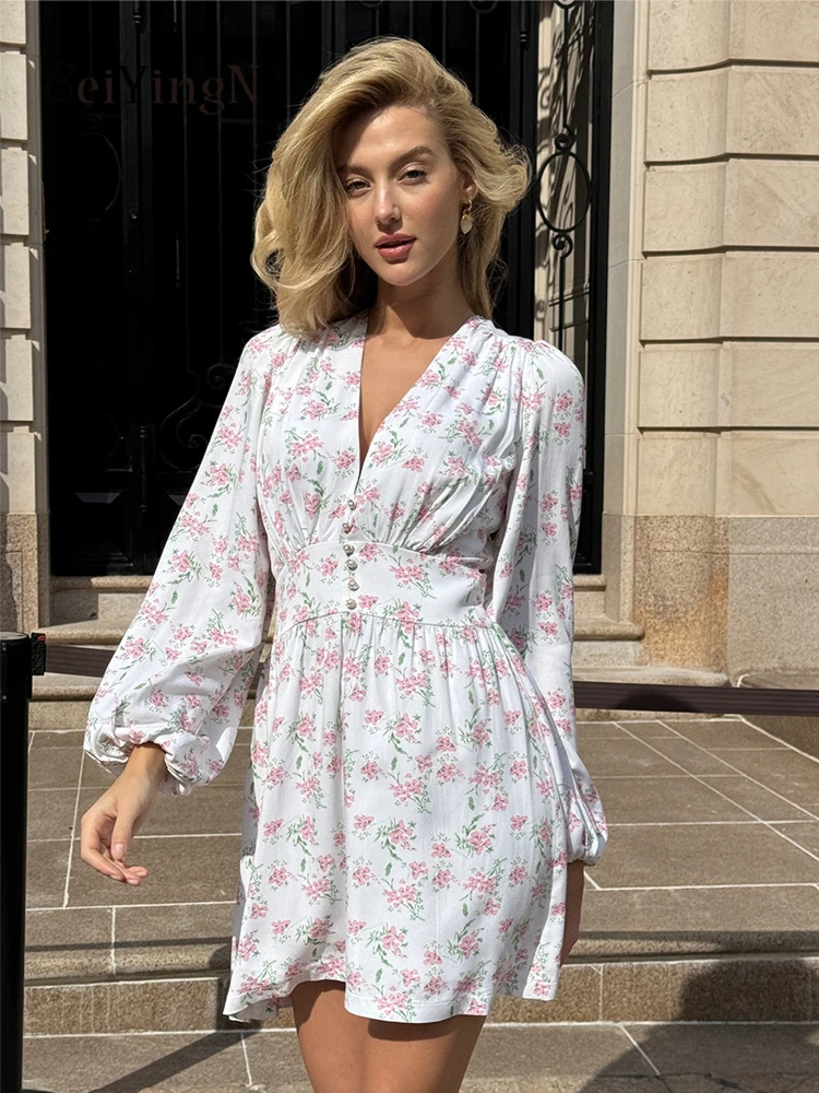 

Beiyingni Casual French Woman V-neck Mini Dress Floral Print Long Sleeve Dating Spring Summer Dresses for Women Elegant Vestidos