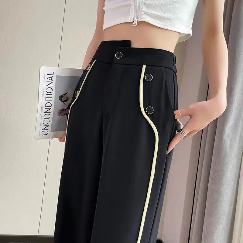 Pantalones de seda de hielo para mujer, pantalón de pierna ancha, traje de cintura alta, fino, holgado, adelgazante, talla grande, informal, novedad de 2023